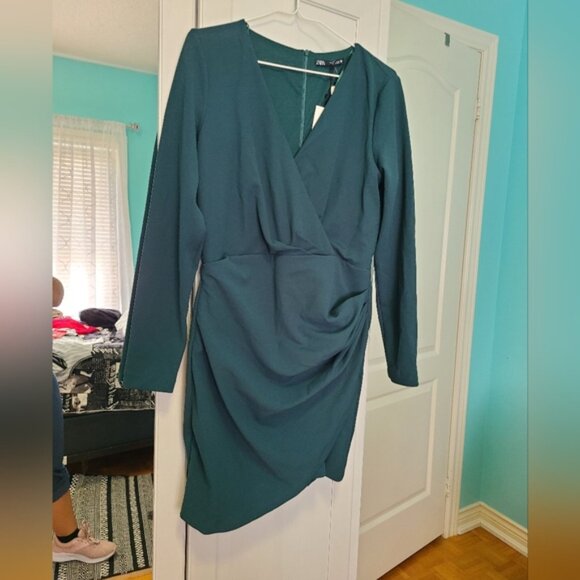 Zara Long Sleeve Wrap Mini Dress Green Teal V Neck Large - Picture 2 of 10